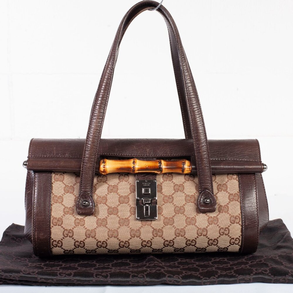 Authentic Gucci Monogram Bamboo Bullet Bag Dark Brown
